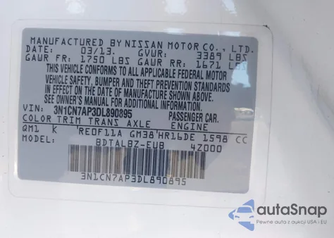 2013 Nissan Versa 1.6 Sv z USA, uszkodzony, nr VIN 3N1CN7AP3DL890895